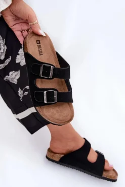 Big Star Shoes Zamszowe Klapki Damskie Z Klamrami Big Star RR274A390 Czarne Czarny