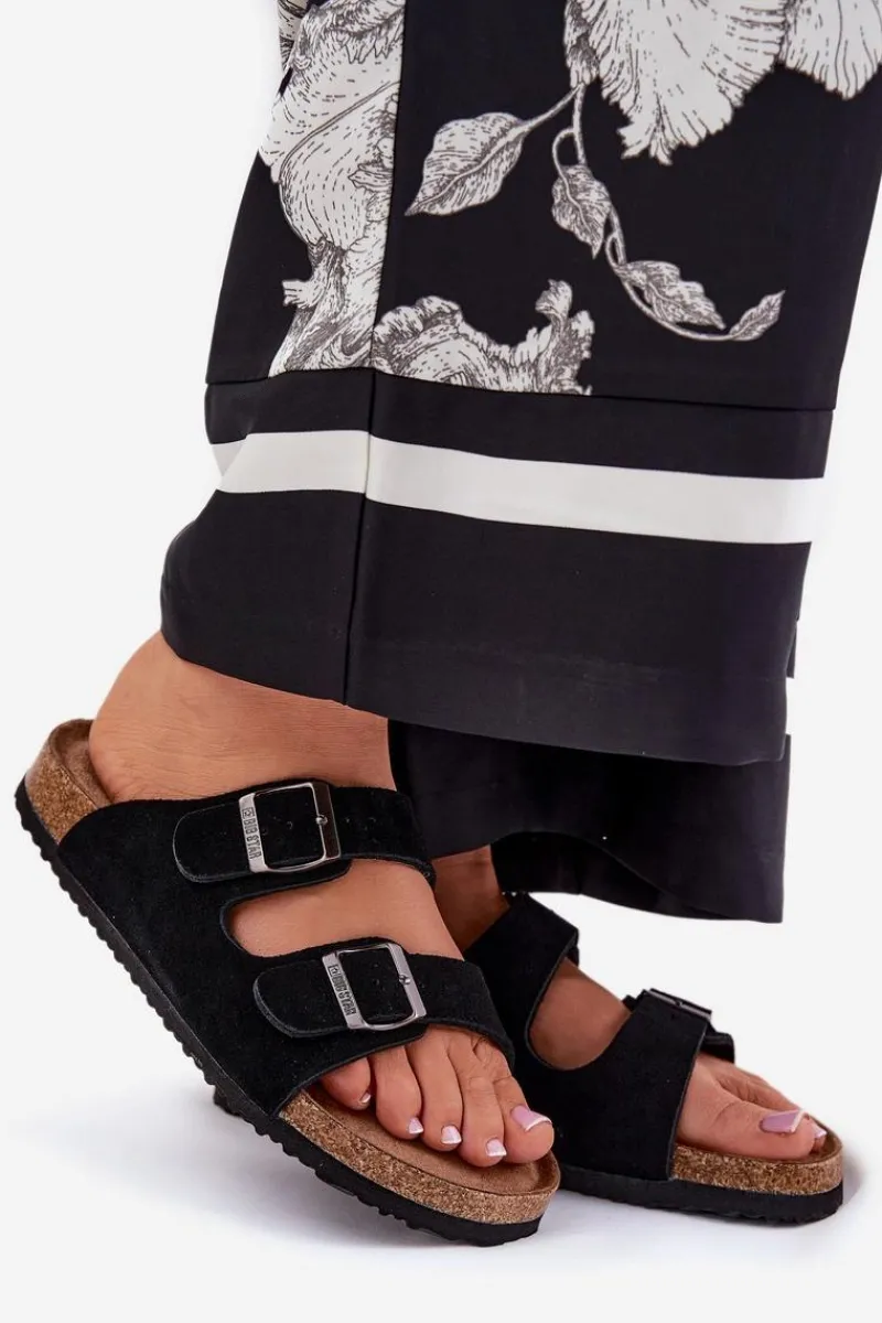 Big Star Shoes Zamszowe Klapki Damskie Z Klamrami Big Star RR274A390 Czarne Czarny