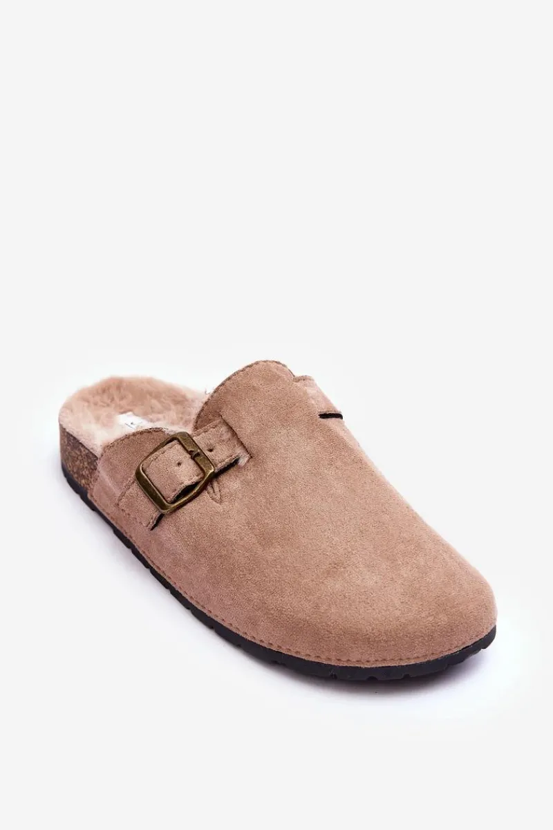 Klapki Korkowe|Klapki Na Platformie>Boto Zamszowe Klapki Damskie Z Futerkiem Beżowe Haidamia