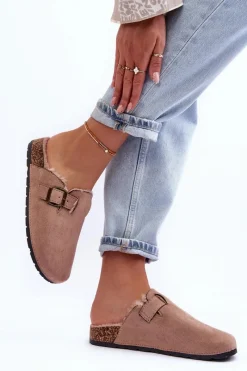 Klapki Korkowe|Klapki Na Platformie>Boto Zamszowe Klapki Damskie Z Futerkiem Beżowe Haidamia