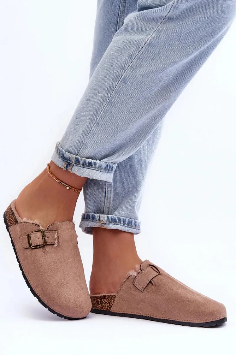 Klapki Korkowe|Klapki Na Platformie>Boto Zamszowe Klapki Damskie Z Futerkiem Beżowe Haidamia