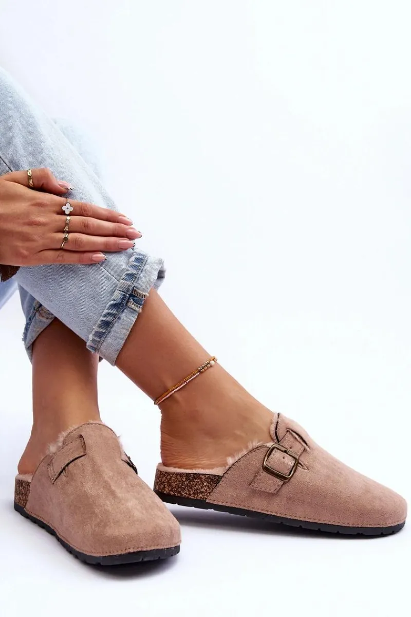 Klapki Korkowe|Klapki Na Platformie>Boto Zamszowe Klapki Damskie Z Futerkiem Beżowe Haidamia