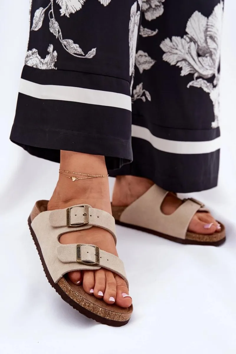 Klapki Damskie Big Star|Klapki Damskie Klasyczne>Big Star Shoes Zamszowe Klapki Damskie Z Klamrami Big Star RR274A391 Beżowe Beżowy