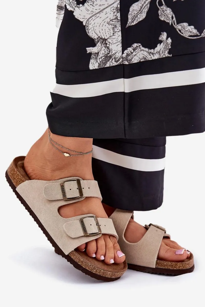 Klapki Damskie Big Star|Klapki Damskie Klasyczne>Big Star Shoes Zamszowe Klapki Damskie Z Klamrami Big Star RR274A391 Beżowe Beżowy