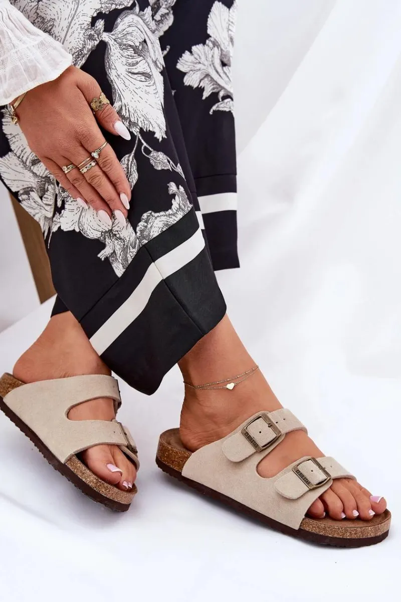 Klapki Damskie Big Star|Klapki Damskie Klasyczne>Big Star Shoes Zamszowe Klapki Damskie Z Klamrami Big Star RR274A391 Beżowe Beżowy