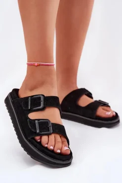 Klapki Damskie Klasyczne>D.Franklin Zamszowe Klapki Damskie Z Klamrami DFSH405001 Czarne Czarny