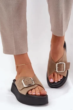 Discount Zamszowe Klapki Damskie Z Klamrą Na Platformie 3019 Beżowe Damskie Klapki Damskie Klasyczne