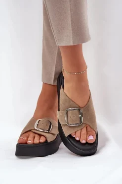 Discount Zamszowe Klapki Damskie Z Klamrą Na Platformie 3019 Beżowe Damskie Klapki Damskie Klasyczne