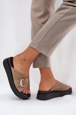 Discount Zamszowe Klapki Damskie Z Klamrą Na Platformie 3019 Beżowe Damskie Klapki Damskie Klasyczne