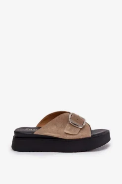 Discount Zamszowe Klapki Damskie Z Klamrą Na Platformie 3019 Beżowe Damskie Klapki Damskie Klasyczne