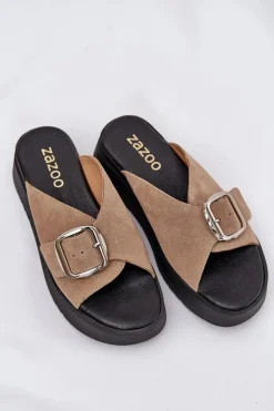 Discount Zamszowe Klapki Damskie Z Klamrą Na Platformie 3019 Beżowe Damskie Klapki Damskie Klasyczne