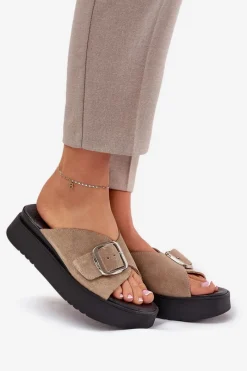 Discount Zamszowe Klapki Damskie Z Klamrą Na Platformie 3019 Beżowe Damskie Klapki Damskie Klasyczne