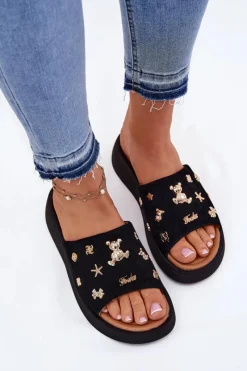 Clearance Buty damskie Vinceza Zamszowe Klapki Damskie Z Przypinkami Vinceza 66741 Czarne Czarny