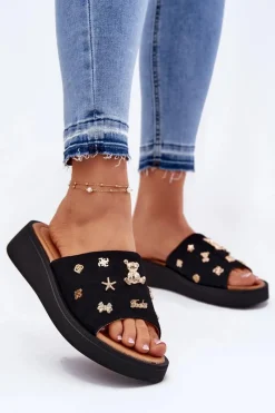 Clearance Buty damskie Vinceza Zamszowe Klapki Damskie Z Przypinkami Vinceza 66741 Czarne Czarny