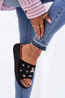 Clearance Buty damskie Vinceza Zamszowe Klapki Damskie Z Przypinkami Vinceza 66741 Czarne Czarny