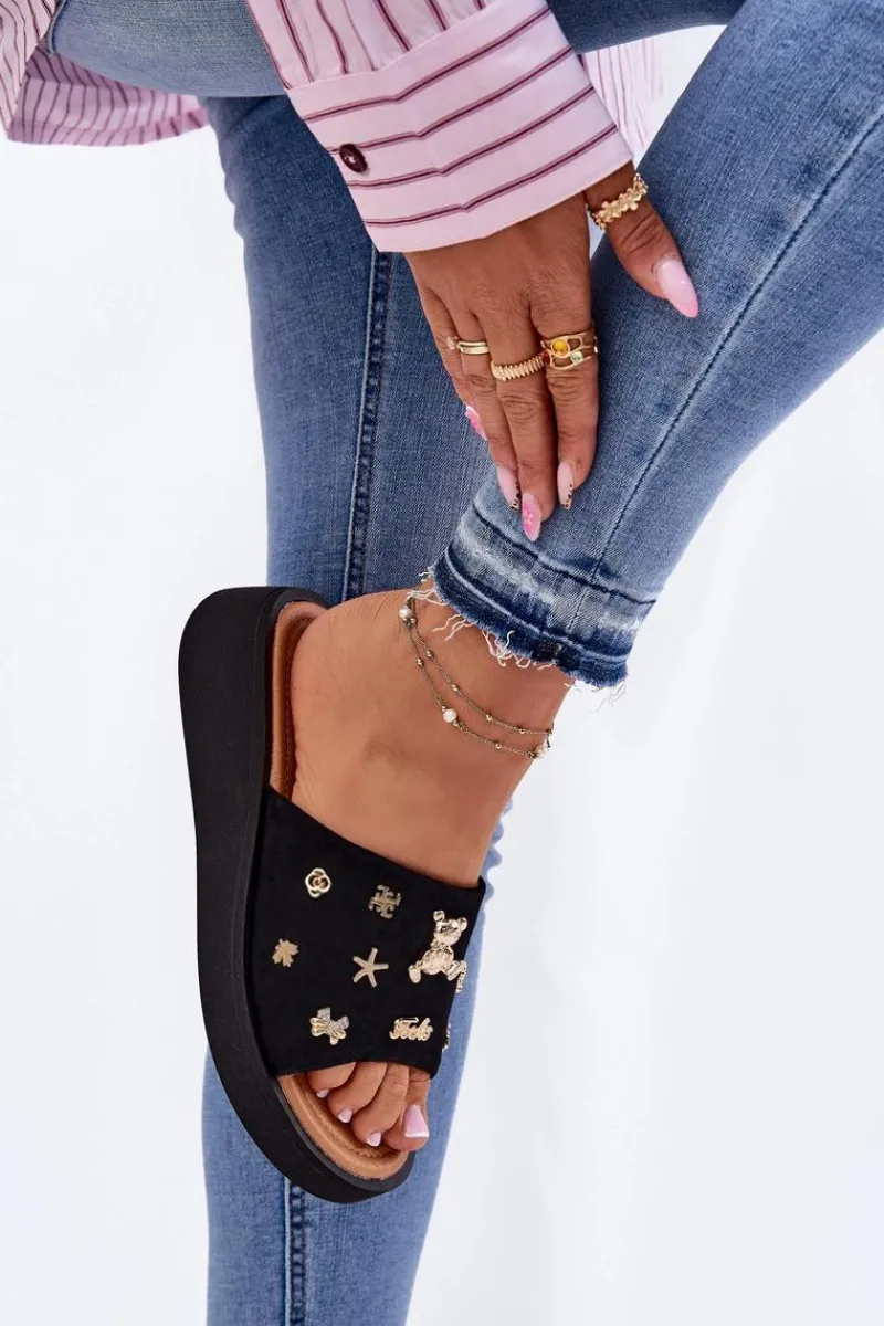 Clearance Buty damskie Vinceza Zamszowe Klapki Damskie Z Przypinkami Vinceza 66741 Czarne Czarny