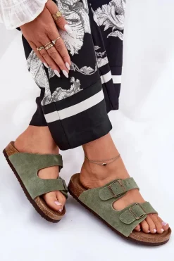 Best Big Star Shoes Zamszowe Klapki Damskie Z Klamrami Big Star RR274A393 Zielone Zielony