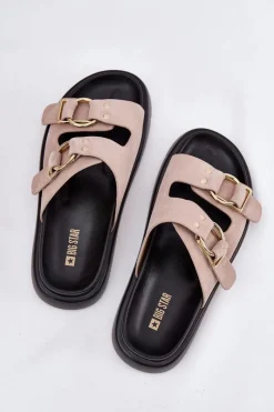 Hot Big Star Shoes Zamszowe Klapki Damskie Z Ozdobnymi Klamrami Big Star RR274659 Jasnoróżowe Różowy