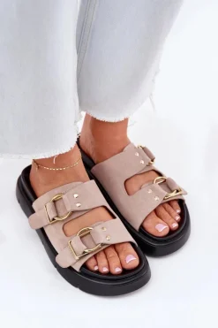 Hot Big Star Shoes Zamszowe Klapki Damskie Z Ozdobnymi Klamrami Big Star RR274659 Jasnoróżowe Różowy