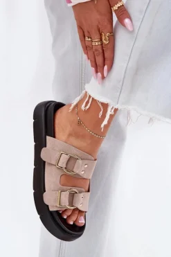 Hot Big Star Shoes Zamszowe Klapki Damskie Z Ozdobnymi Klamrami Big Star RR274659 Jasnoróżowe Różowy