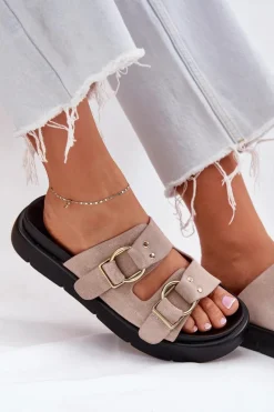 Hot Big Star Shoes Zamszowe Klapki Damskie Z Ozdobnymi Klamrami Big Star RR274659 Jasnoróżowe Różowy