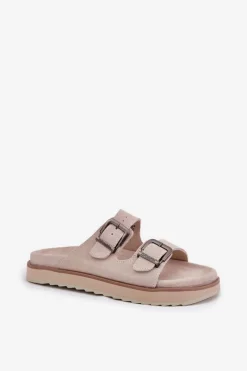 Discount Zamszowe Klapki Damskie Z Klamrami DFSH405001 Beżowe Damskie Klapki Damskie Klasyczne