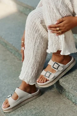 Discount Zamszowe Klapki Damskie Z Klamrami DFSH405001 Beżowe Damskie Klapki Damskie Klasyczne