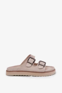 Discount Zamszowe Klapki Damskie Z Klamrami DFSH405001 Beżowe Damskie Klapki Damskie Klasyczne