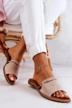 Best Zamszowe Klapki Lewski Shoes 3047 Beżowe Damskie Klapki Damskie Klasyczne