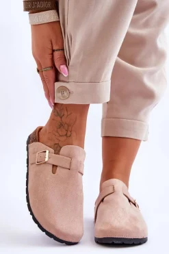 Hot Zamszowe Klapki Na Korkowej Platformie Beżowe Vellma Damskie Klapki Korkowe|Klapki Na Platformie