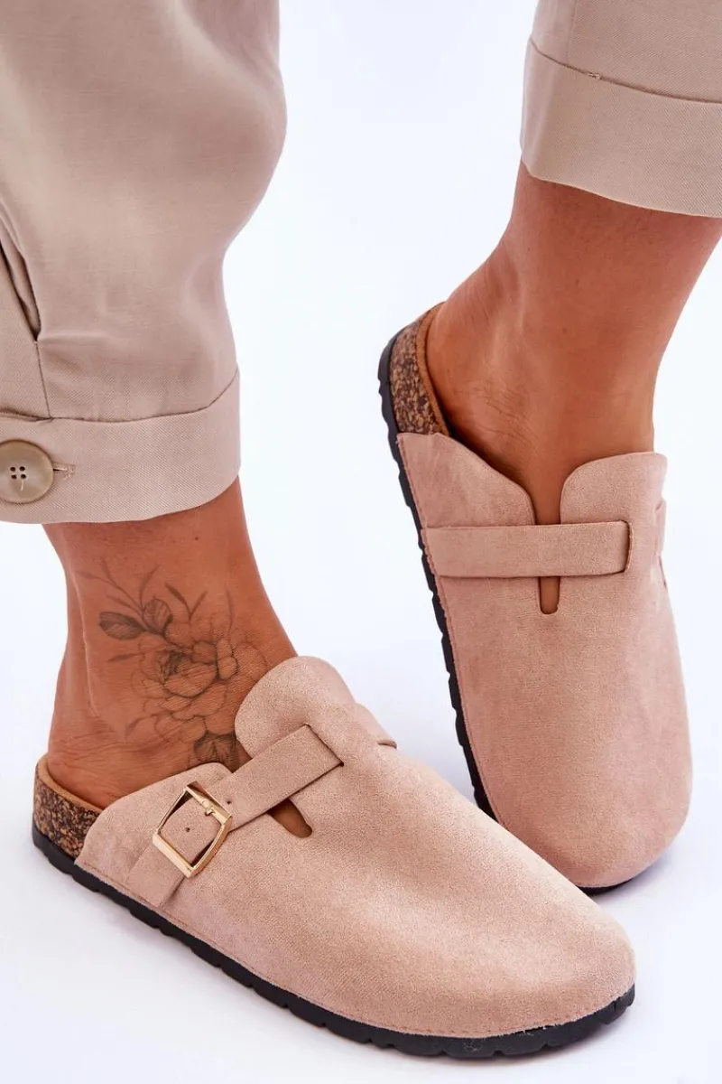 Hot Zamszowe Klapki Na Korkowej Platformie Beżowe Vellma Damskie Klapki Korkowe|Klapki Na Platformie