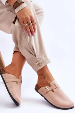 Hot Zamszowe Klapki Na Korkowej Platformie Beżowe Vellma Damskie Klapki Korkowe|Klapki Na Platformie