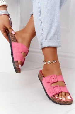 Outlet Boto Zamszowe Klapki Na Korkowej Podeszwie Różowe Jennifer