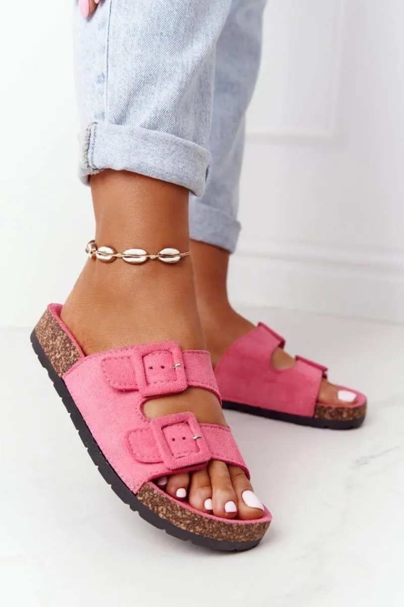 Outlet Boto Zamszowe Klapki Na Korkowej Podeszwie Różowe Jennifer