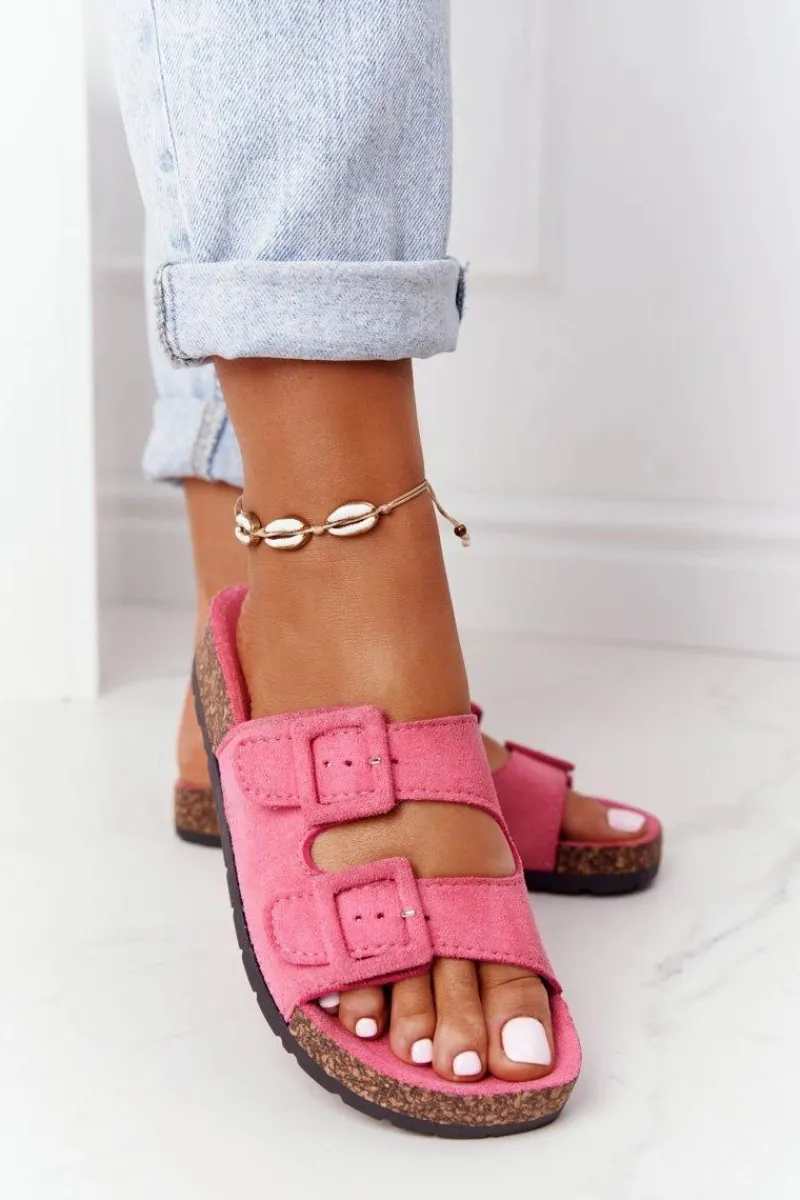 Outlet Boto Zamszowe Klapki Na Korkowej Podeszwie Różowe Jennifer