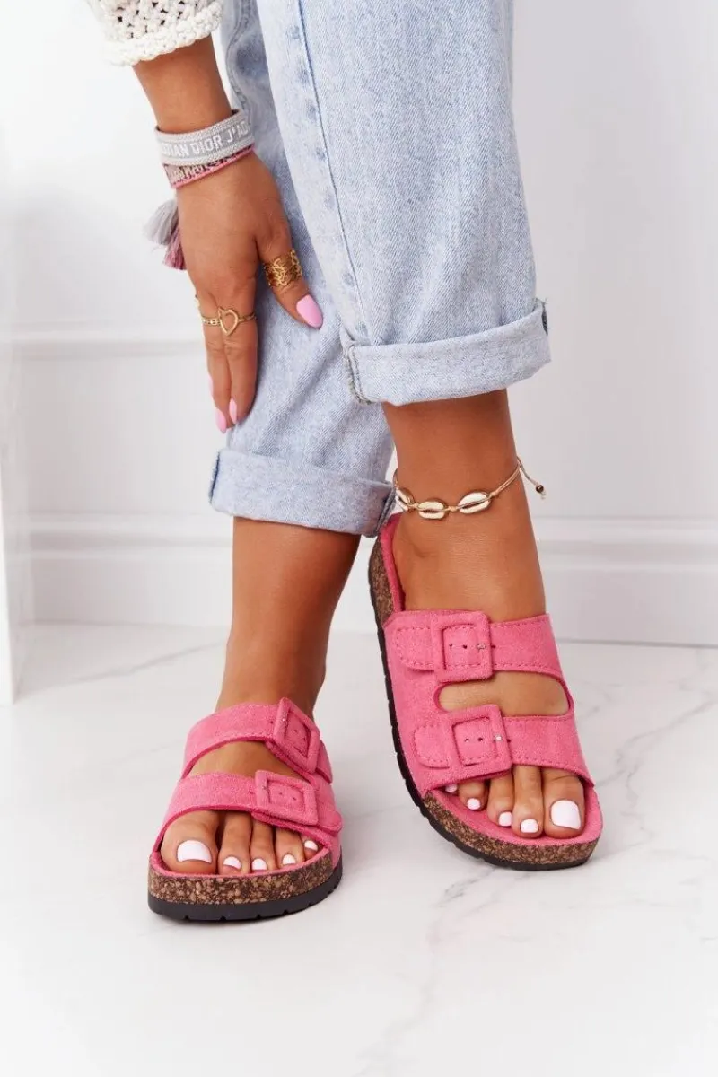 Outlet Boto Zamszowe Klapki Na Korkowej Podeszwie Różowe Jennifer