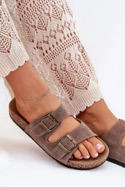 Online Boto Zamszowe Klapki Na Korkowej Podeszwie Z Klamrami Ciemnobeżowe Tavira