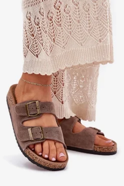 Online Boto Zamszowe Klapki Na Korkowej Podeszwie Z Klamrami Ciemnobeżowe Tavira