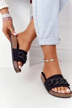 Clearance Zamszowe Klapki Na Korkowej Podeszwie Czarne Makayla Damskie Klapki Korkowe|Klapki Damskie Klasyczne