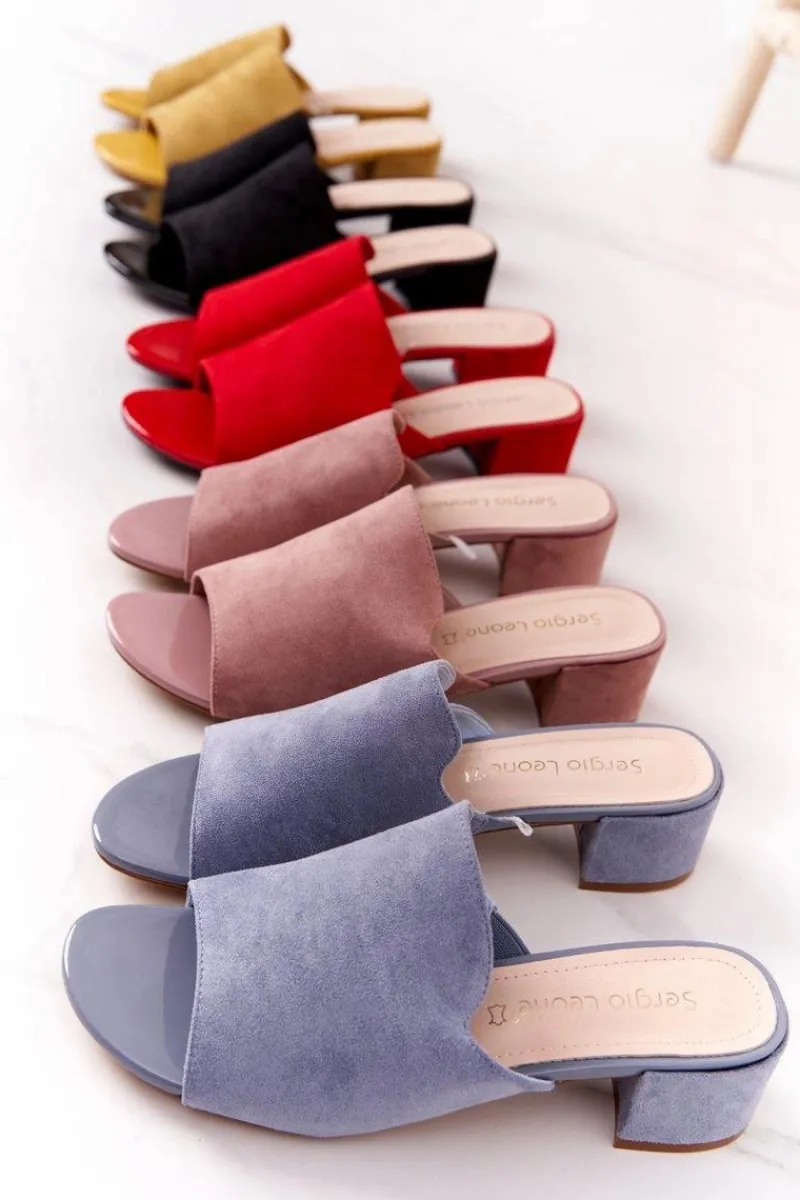 Clearance Zamszowe Klapki Na Obcasie Sergio Leone KL313 Niebieskie Damskie Klapki Na Obcasie|Klapki Damskie Klasyczne