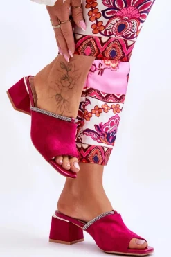 Outlet Zamszowe Klapki Na Obcasie S.Barski KV-612-2 Fuksja Damskie Klapki Na Obcasie|Klapki Damskie Klasyczne