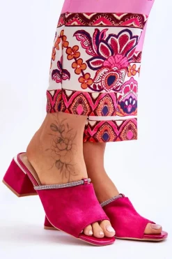 Outlet Zamszowe Klapki Na Obcasie S.Barski KV-612-2 Fuksja Damskie Klapki Na Obcasie|Klapki Damskie Klasyczne