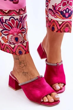 Outlet Zamszowe Klapki Na Obcasie S.Barski KV-612-2 Fuksja Damskie Klapki Na Obcasie|Klapki Damskie Klasyczne