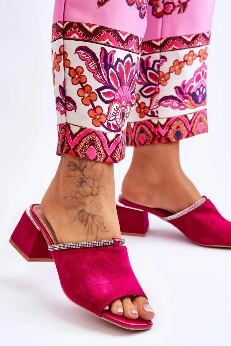 Outlet Zamszowe Klapki Na Obcasie S.Barski KV-612-2 Fuksja Damskie Klapki Na Obcasie|Klapki Damskie Klasyczne