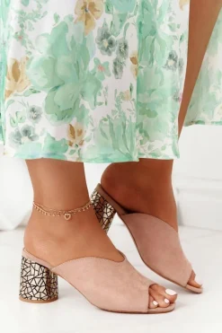 Online Zamszowe Klapki Na Obcasie S.Barski C420-15 Beżowe Damskie Klapki Na Obcasie|Klapki Damskie Klasyczne