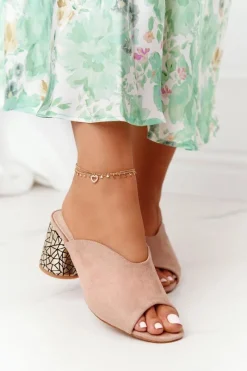 Online Zamszowe Klapki Na Obcasie S.Barski C420-15 Beżowe Damskie Klapki Na Obcasie|Klapki Damskie Klasyczne