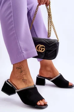 Online Zamszowe Klapki Na Obcasie S.Barski KV-612-2 Czarne Damskie Klapki Na Obcasie|Klapki Damskie Klasyczne