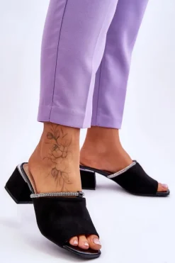 Online Zamszowe Klapki Na Obcasie S.Barski KV-612-2 Czarne Damskie Klapki Na Obcasie|Klapki Damskie Klasyczne