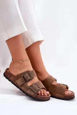 Klapki Damskie Klasyczne>Panto Fino Zamszowe Klapki Z Klamrami Damskie RR267024 Brązowe