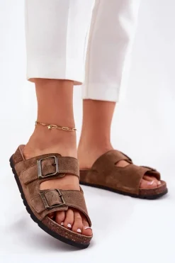 Klapki Damskie Klasyczne>Panto Fino Zamszowe Klapki Z Klamrami Damskie RR267024 Brązowe